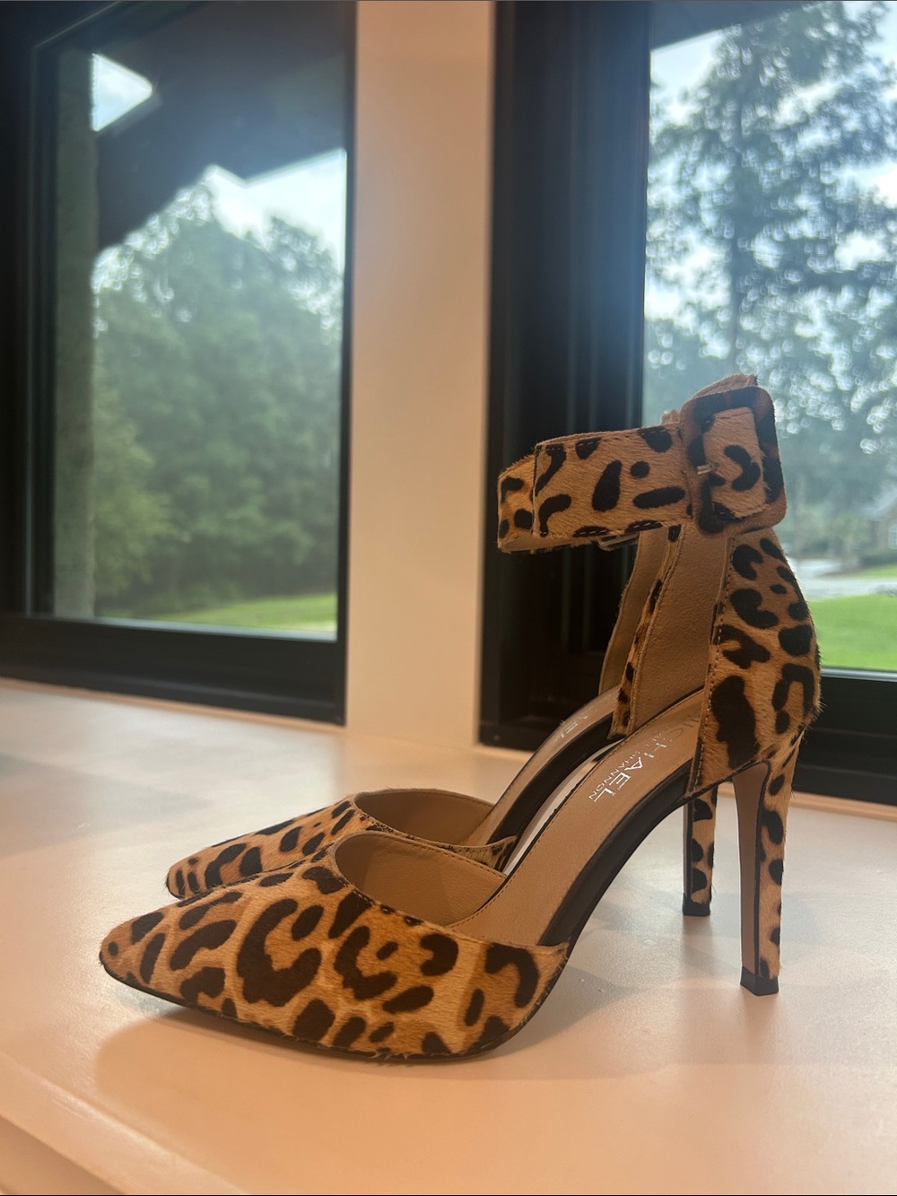 Michael Shannon Leopard-Print Ankle-Strap Pointed Toe Heels